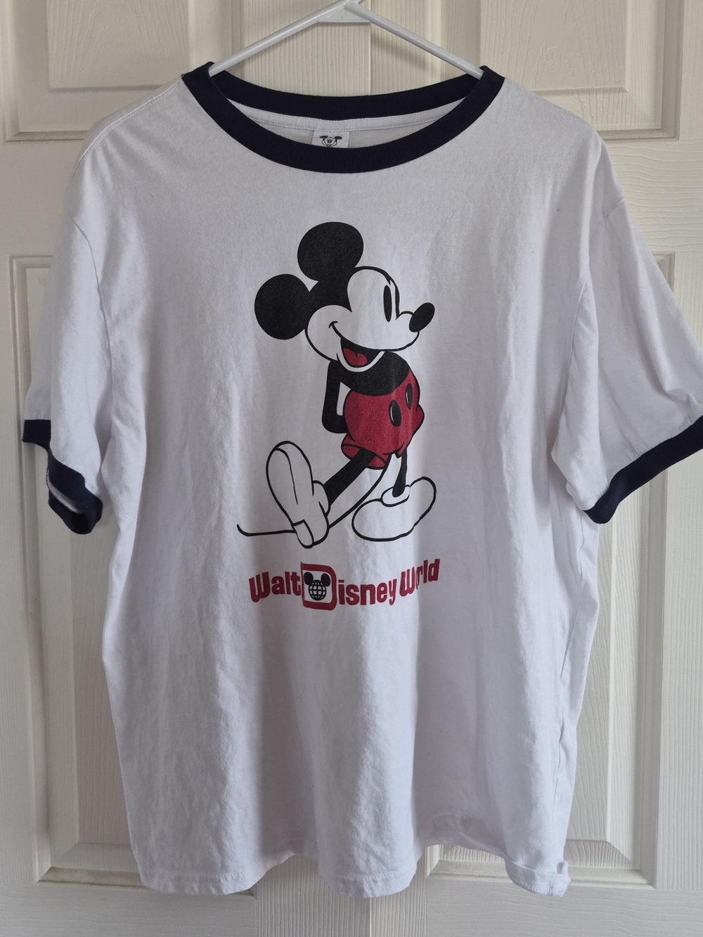 Disney White Tee with Black Trim & Red Mickey Graphic